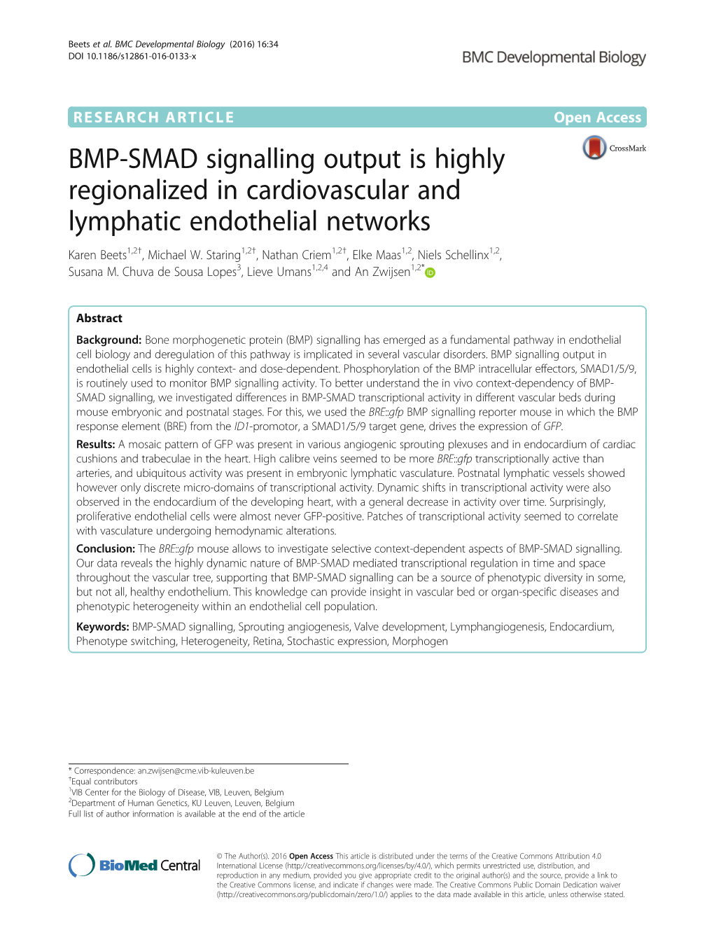 BMP-SMAD Signalling Output Is Highly Regionalized in Cardiovascular and Lymphatic Endothelial Networks Karen Beets1,2†, Michael W