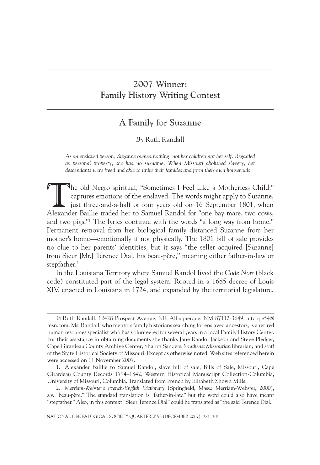 Family History Writing Contest a Family for Suzanne
