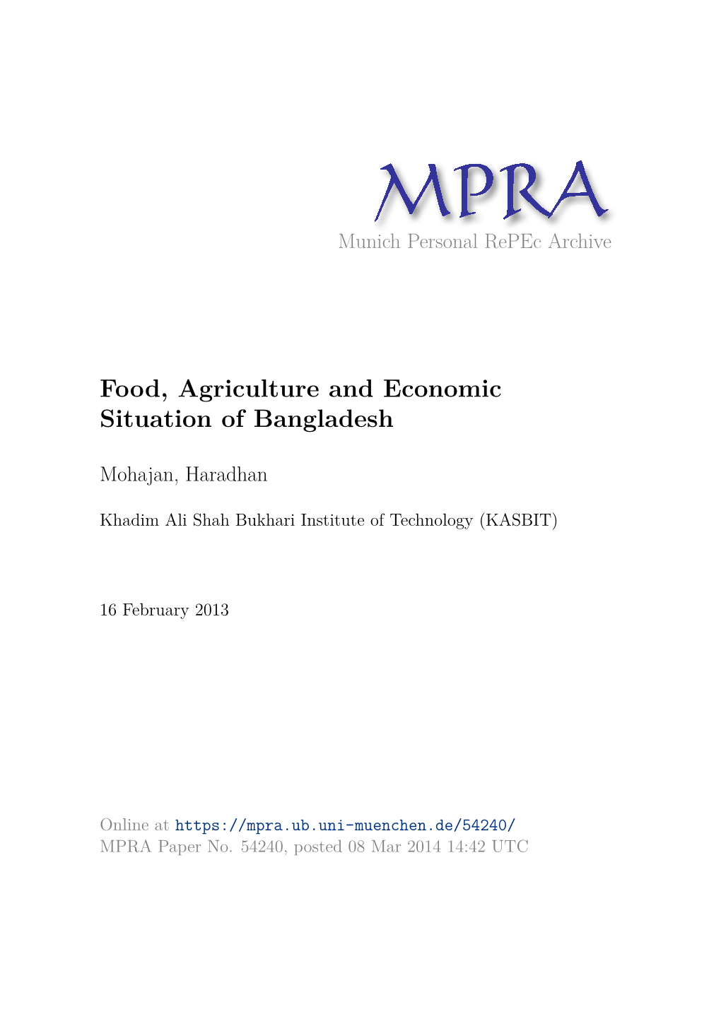 Food, Agriculture and Economic Situation of Bangladesh
