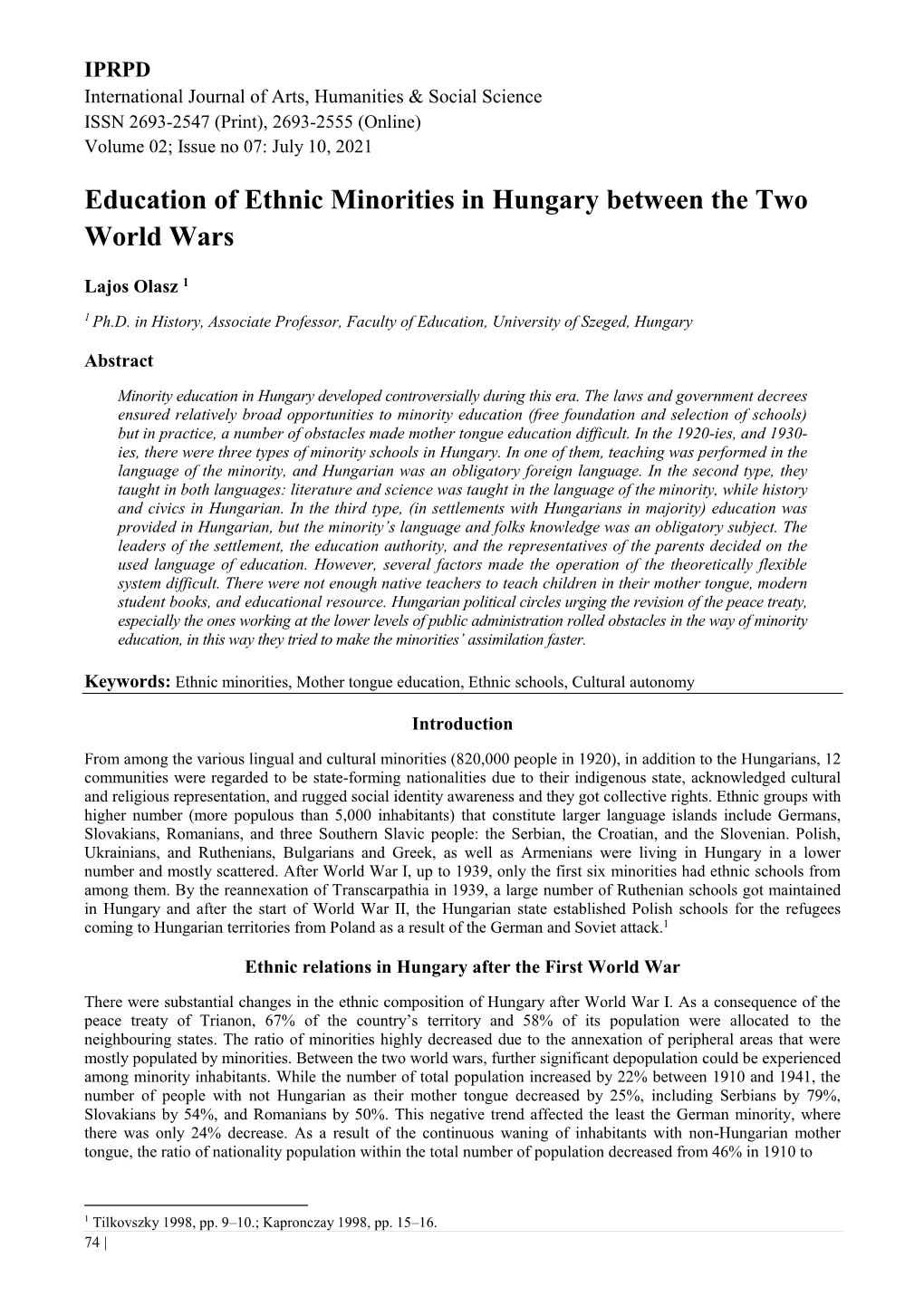 Education of Ethnic Minorities in Hungary Between the Two World Wars