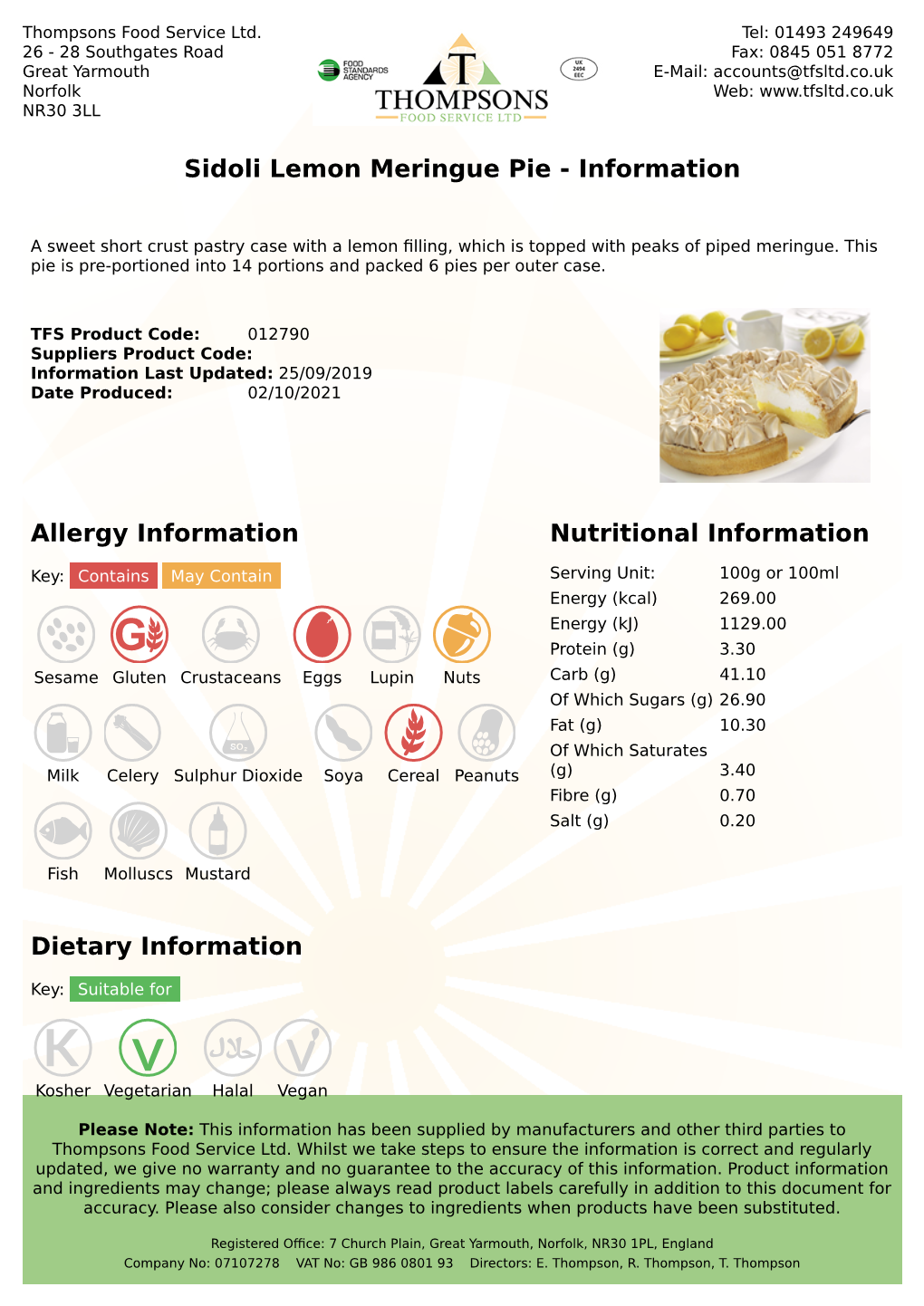 Allergy Information Nutritional Information Sidoli Lemon Meringue