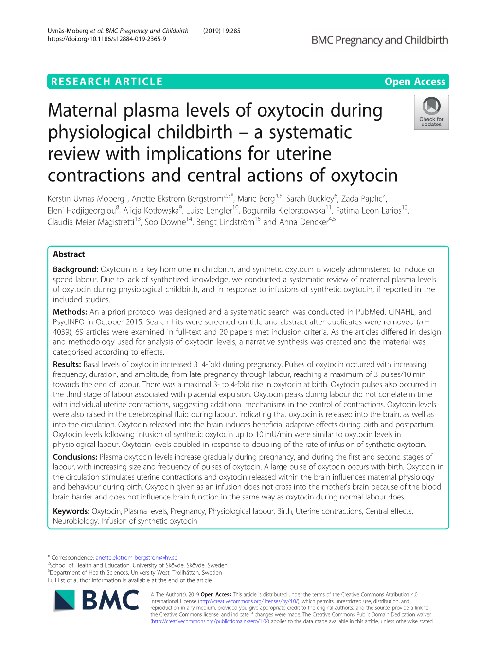 Maternal Plasma Levels of Oxytocin During Physiological Childbirth