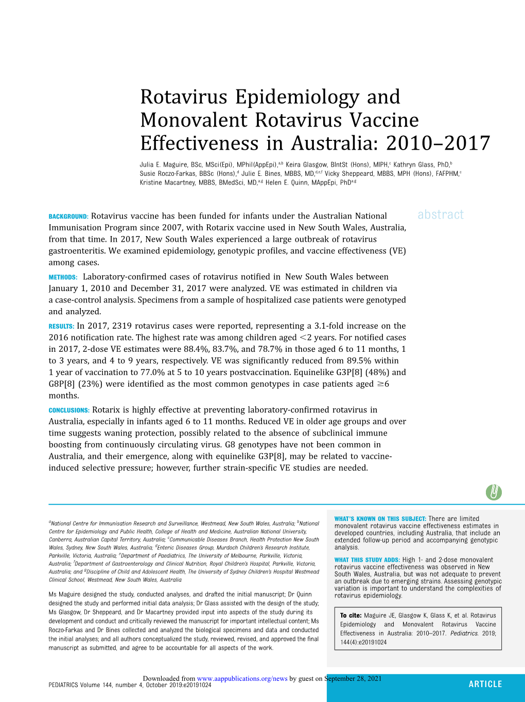 Rotavirus Epidemiology and Monovalent Rotavirus Vaccine Effectiveness in Australia: 2010–2017 Julia E