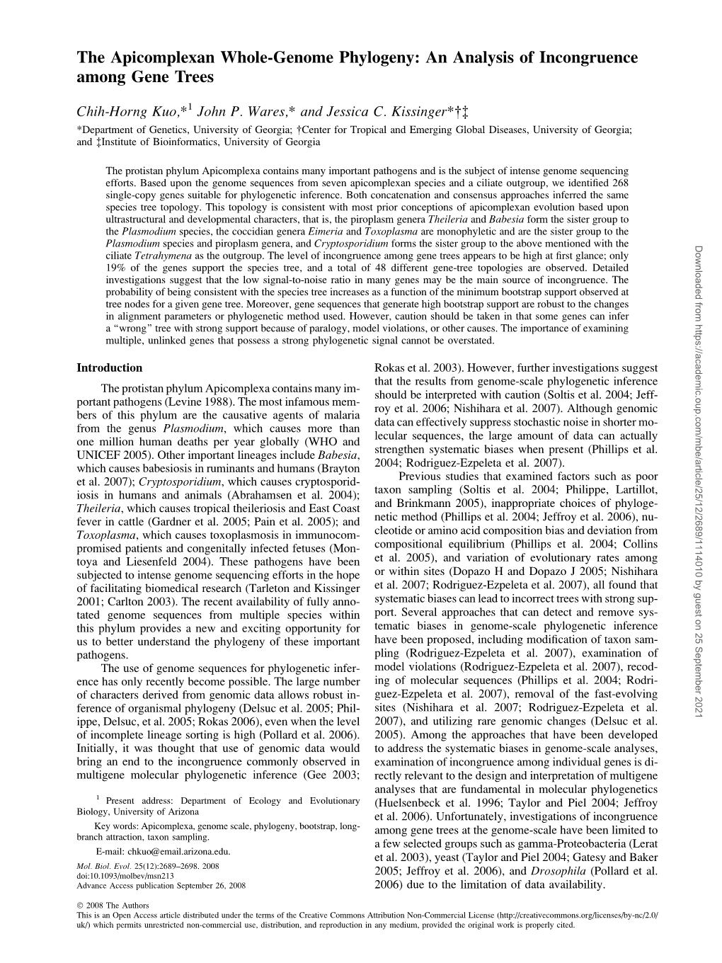 The Apicomplexan Whole-Genome Phylogeny: an Analysis of Incongruence Among Gene Trees