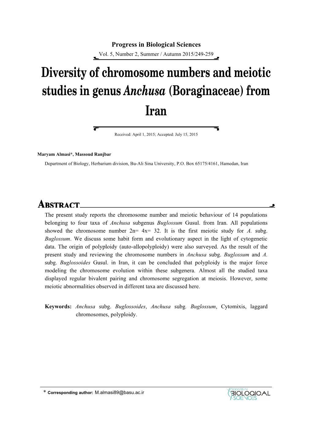 Diversity of Chromosome Numbers and Meiotic Studies in Genus Anchusa (Boraginaceae) from Iran