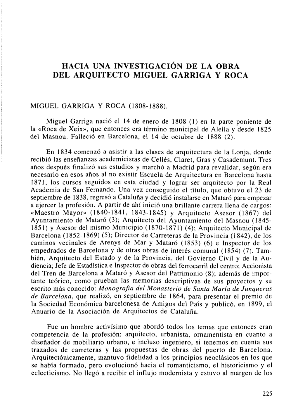 Hacia Una Investigación De La Obra Del Arquitecto Miguel Garriga Y Roca