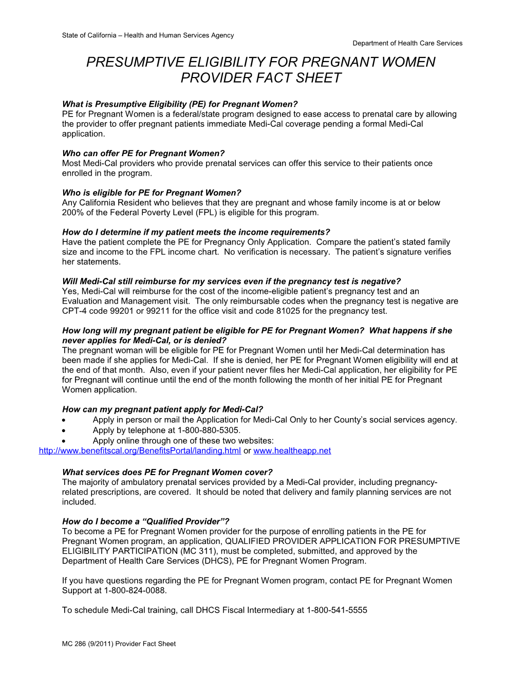 Form: Presumptive Eligibility for Pregnant Women Provider Fact Sheet (Presumb Prv Fact)