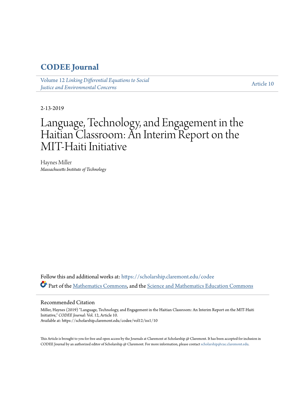 An Interim Report on the MIT-Haiti Initiative Haynes Miller Massachusetts Ni Stitute of Technology