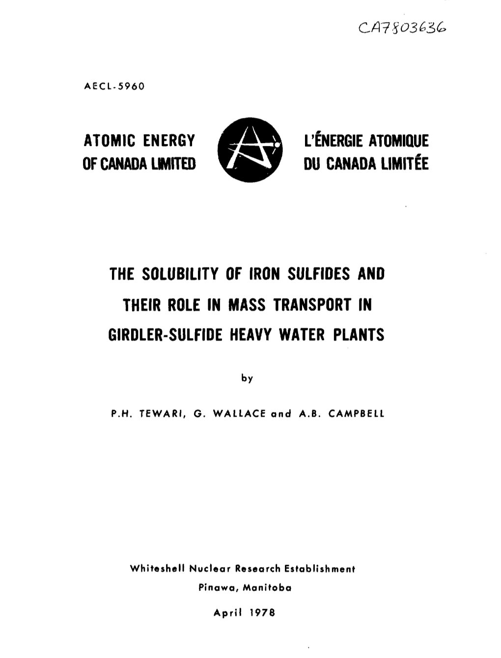 The Solubility of Iron Sulfides and Their Role in Mass Transport in Girdler-Sulfide Heavy Water Plants