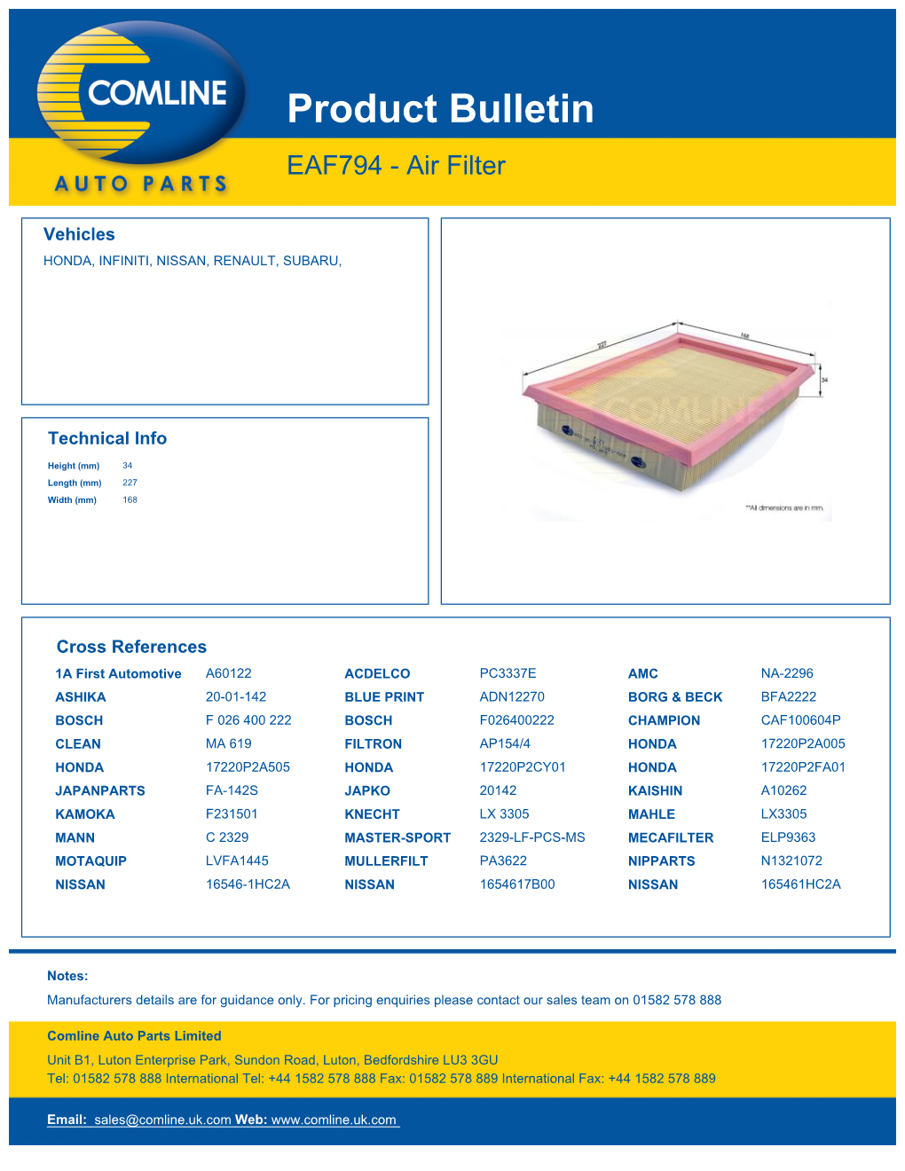 Product Bulletin EAF794 - Air Filter
