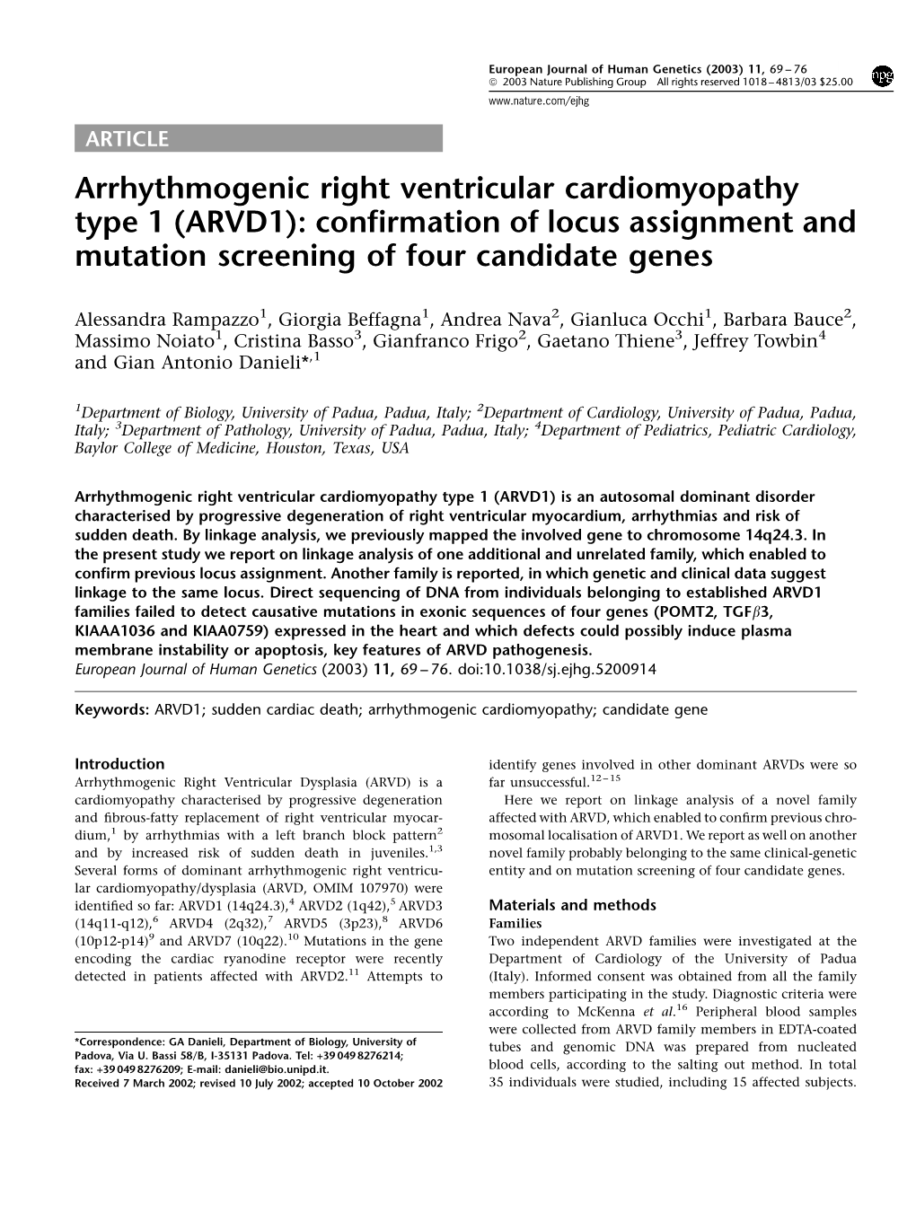 Arrhythmogenic Right Ventricular Cardiomyopathy Type 1 (ARVD1): Confirmation of Locus Assignment and Mutation Screening of Four