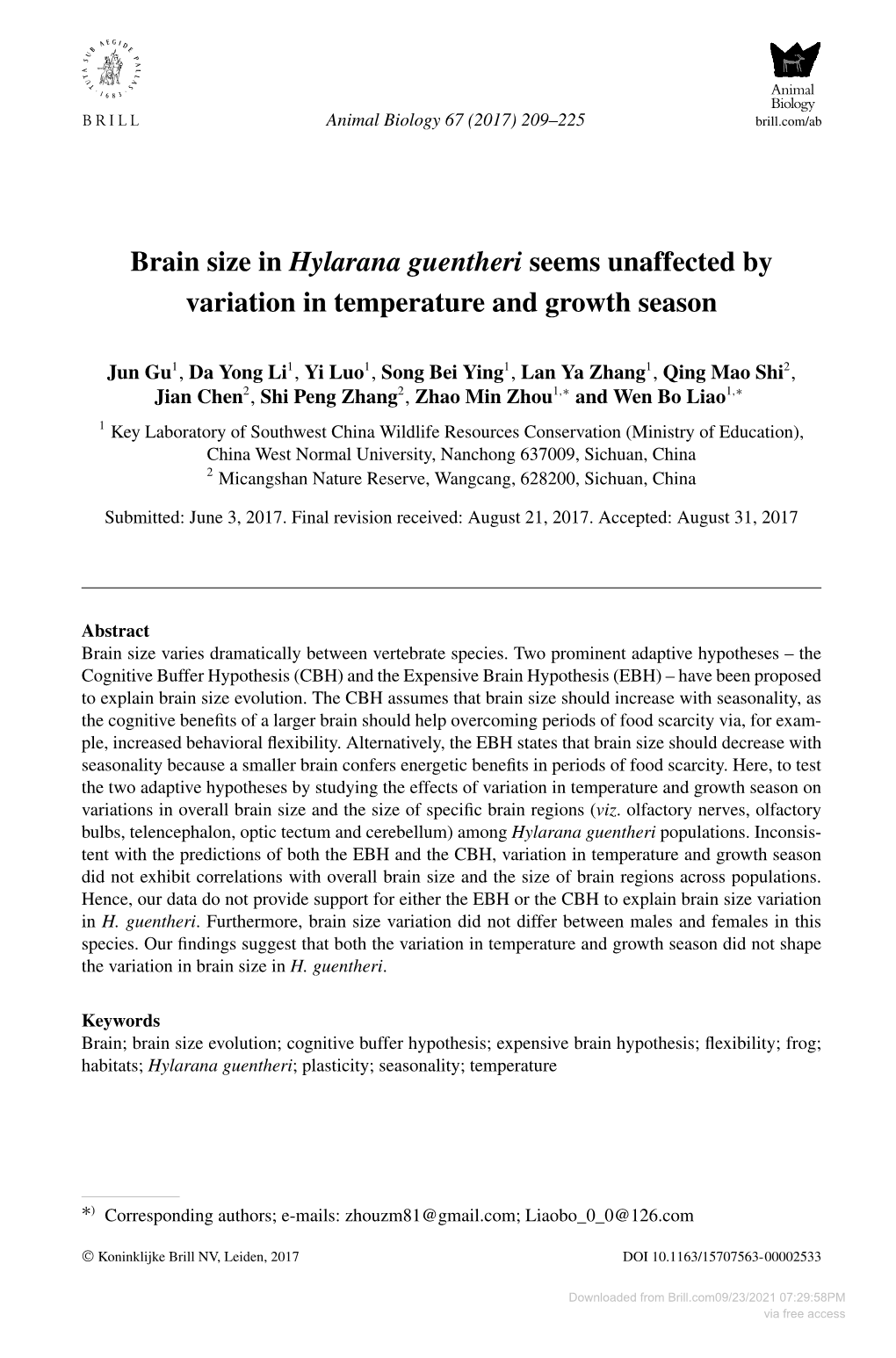 Brain Size in Hylarana Guentheri Seems Unaffected by Variation in Temperature and Growth Season