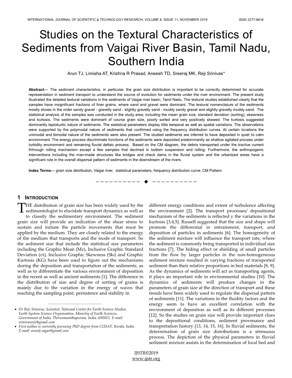 Studies on the Textural Characteristics of Sediments from Vaigai River