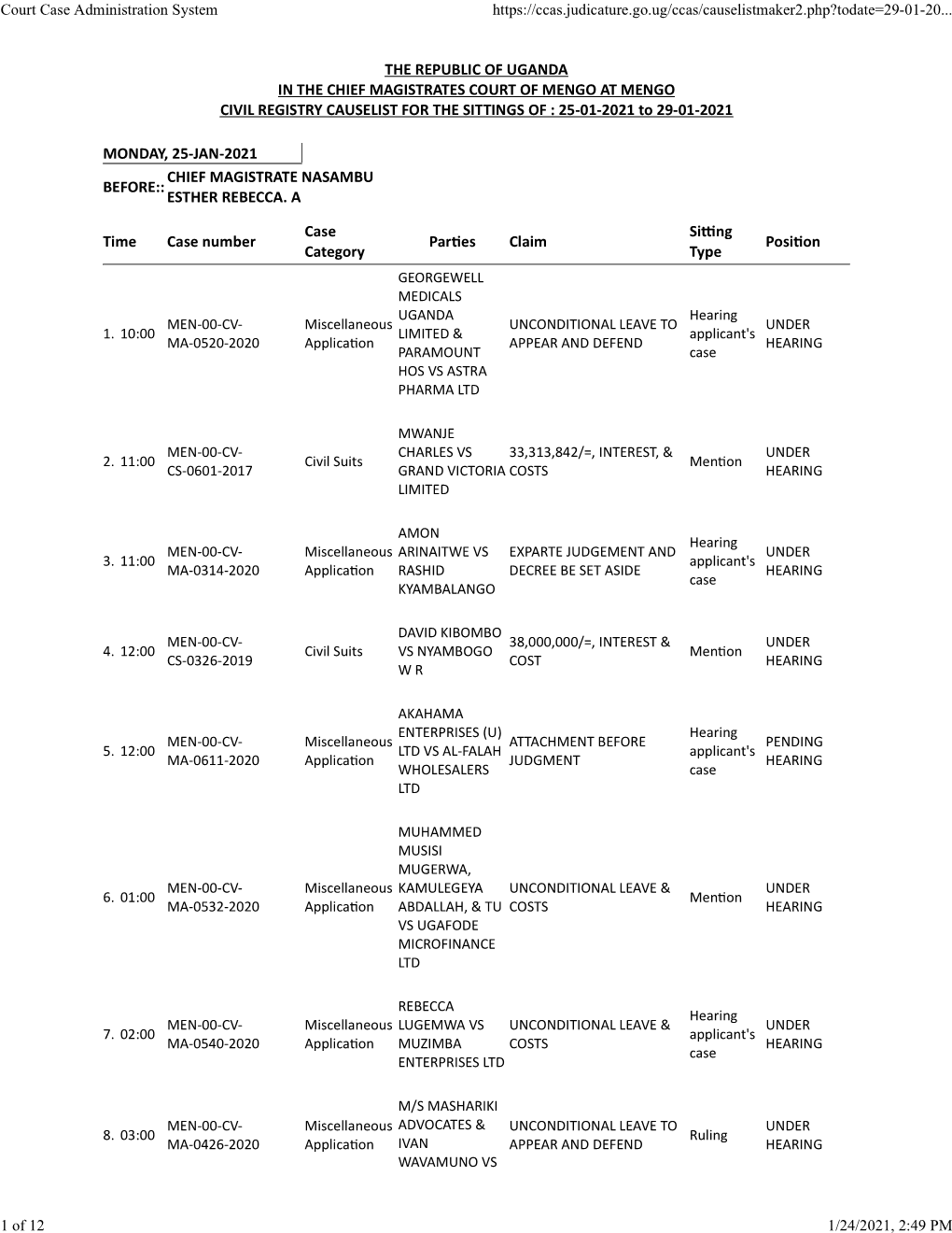 THE REPUBLIC of UGANDA in the CHIEF MAGISTRATES COURT of MENGO at MENGO CIVIL REGISTRY CAUSELIST for the SITTINGS of : 25-01-2021 to 29-01-2021
