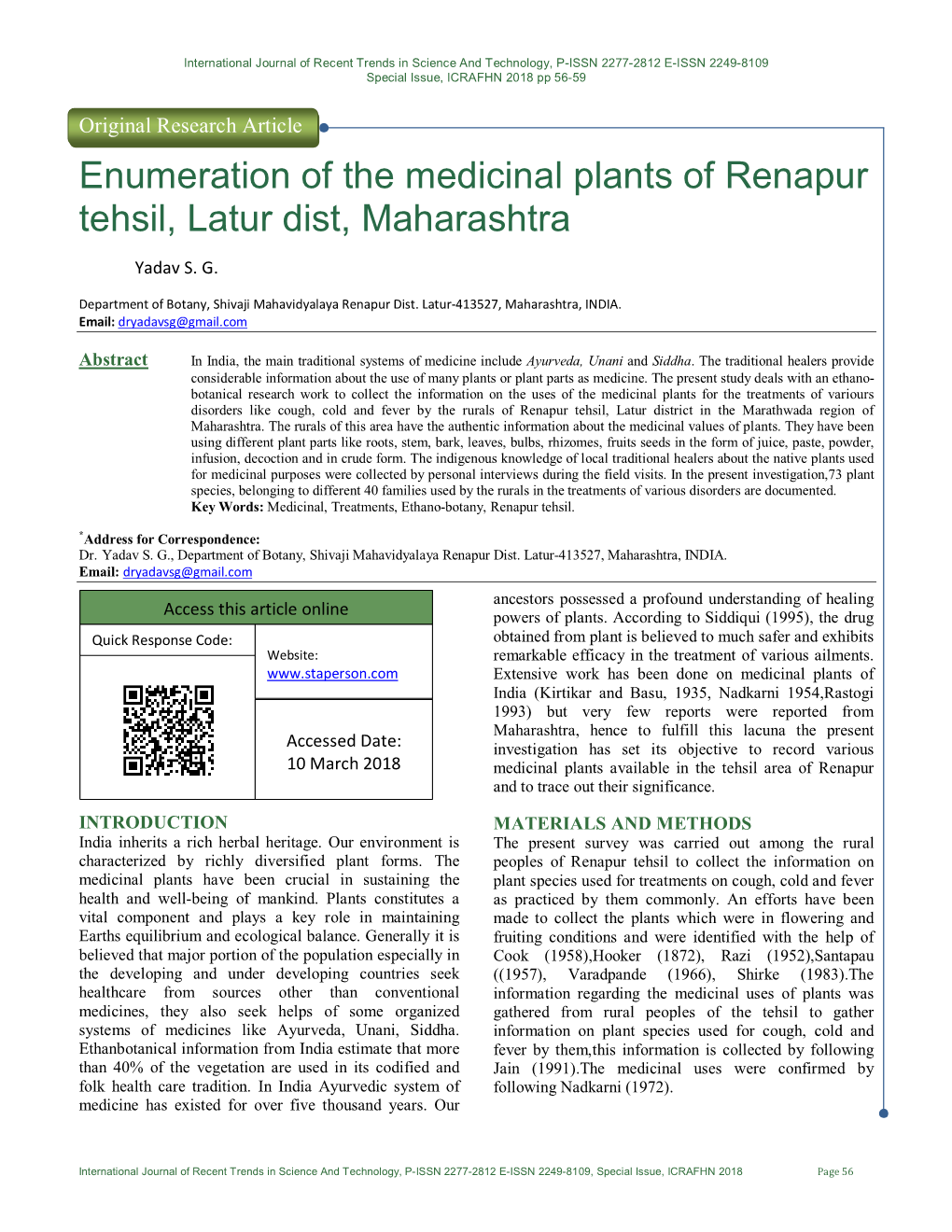 Enumeration of the Medicinal Plants of Renapur Tehsil, Latur Dist, Maharashtra