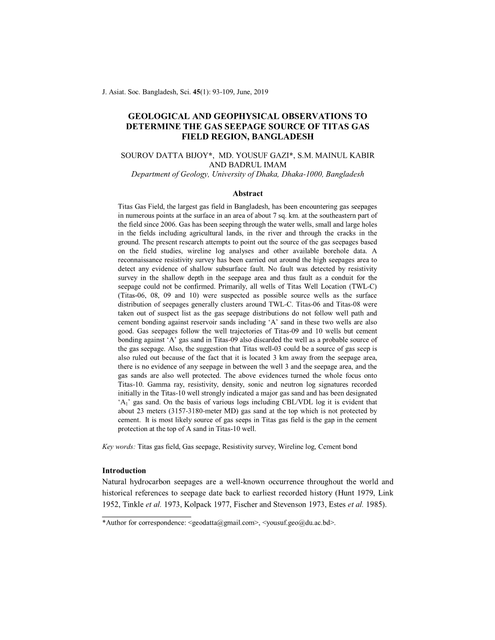 Geological and Geophysical Observations to Determine the Gas Seepage Source of Titas Gas Field Region, Bangladesh