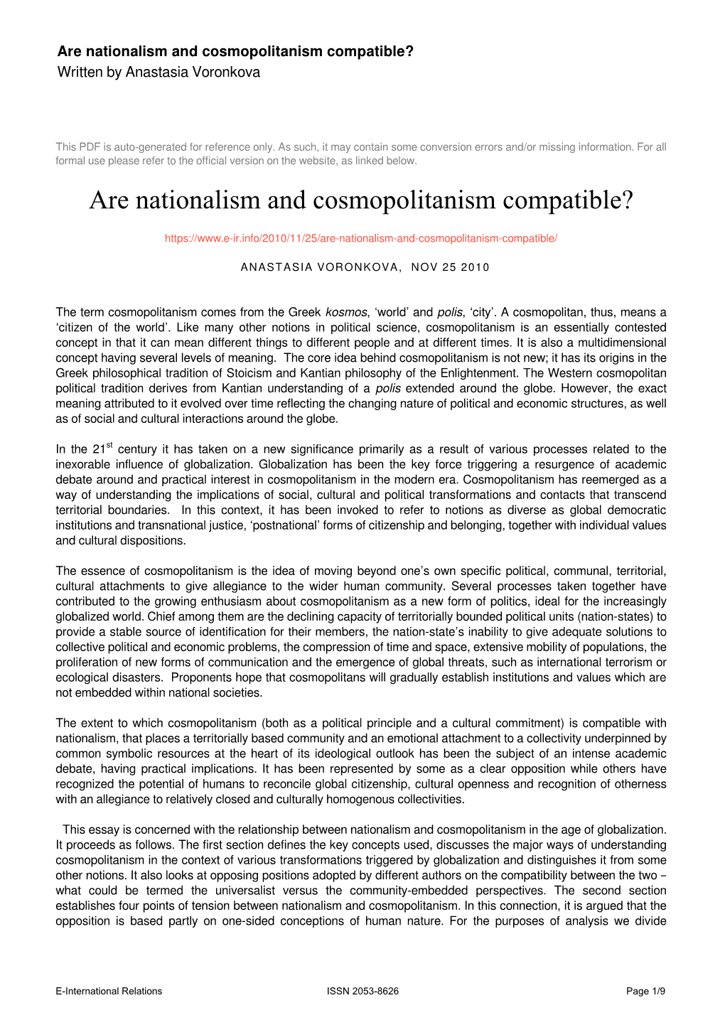 Are Nationalism and Cosmopolitanism Compatible? Written by Anastasia Voronkova