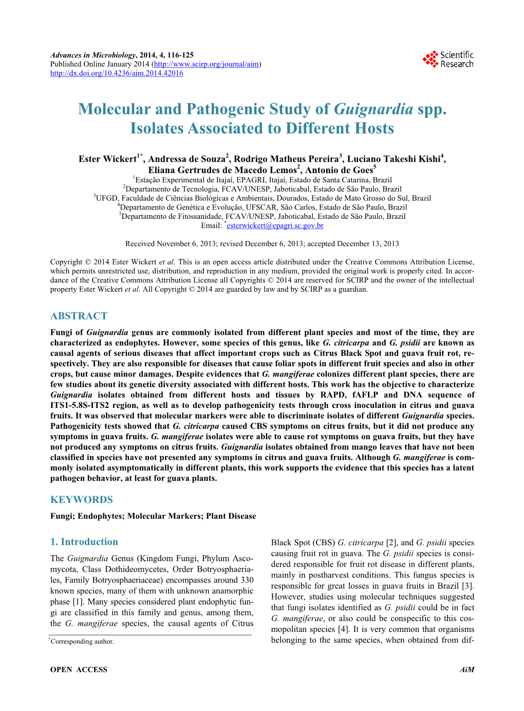 Molecular and Pathogenic Study of Guignardia Spp. Isolates Associated to Different Hosts