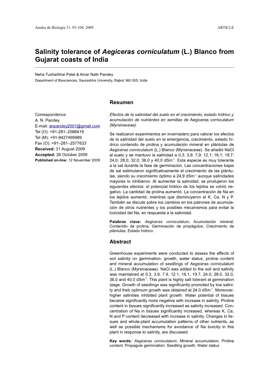 Salinity Tolerance of Aegiceras Corniculatum (L.) Blanco from Gujarat Coasts of India