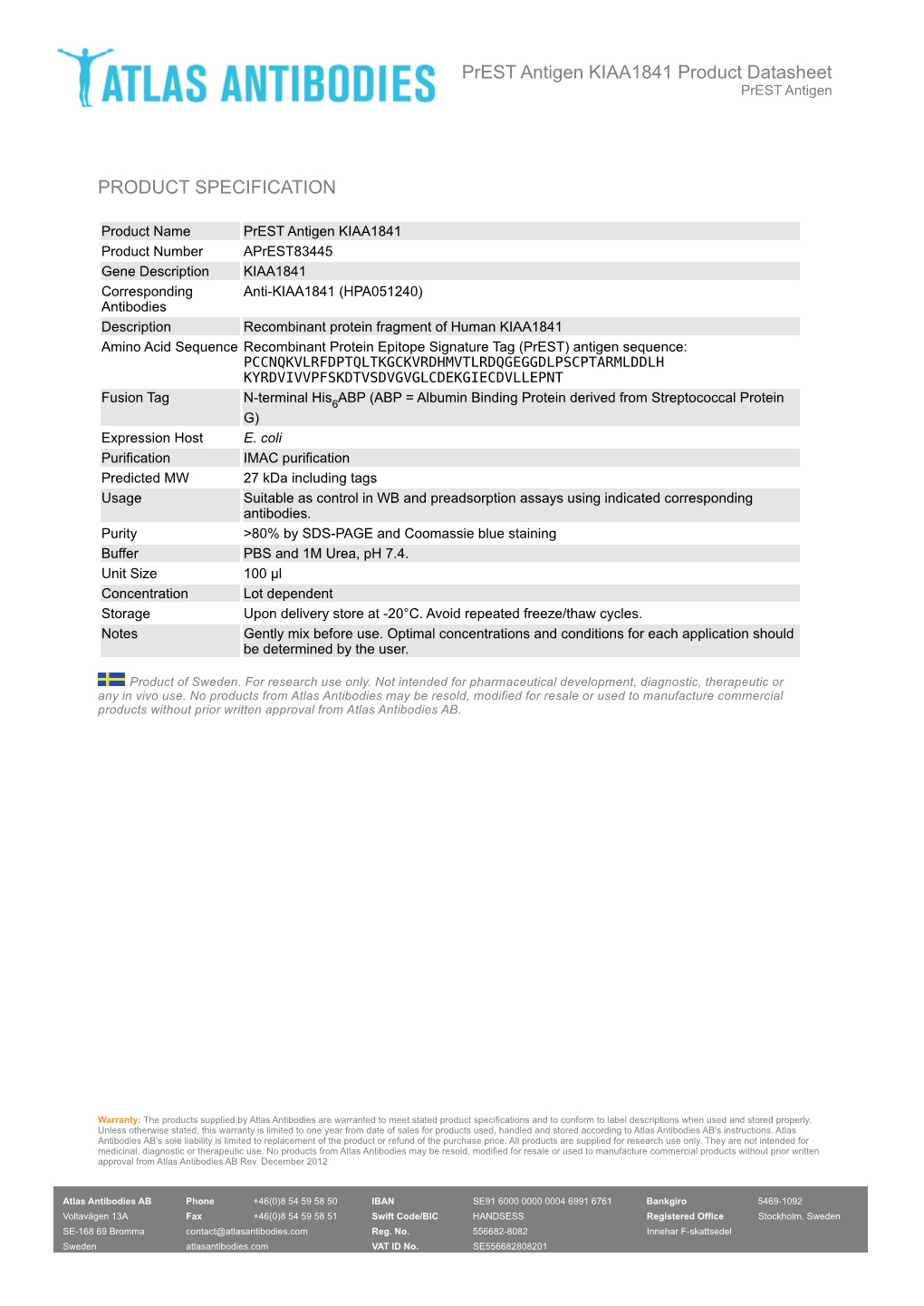 PRODUCT SPECIFICATION Prest Antigen KIAA1841 Product Datasheet