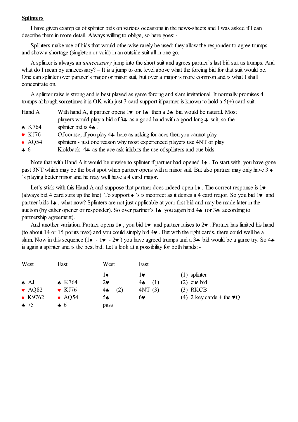 Splinters I Have Given Examples of Splinter Bids on Various Occasions in the News-Sheets and I Was Asked If I Can Describe Them in More Detail