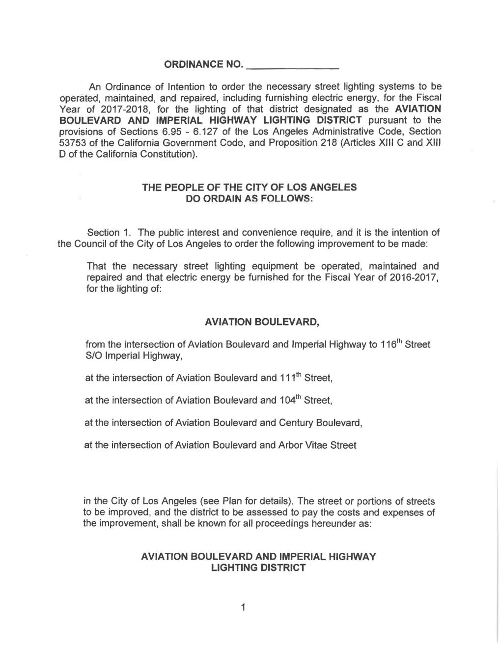 Ordinance No. Boulevard and Imperial Highway Lighting