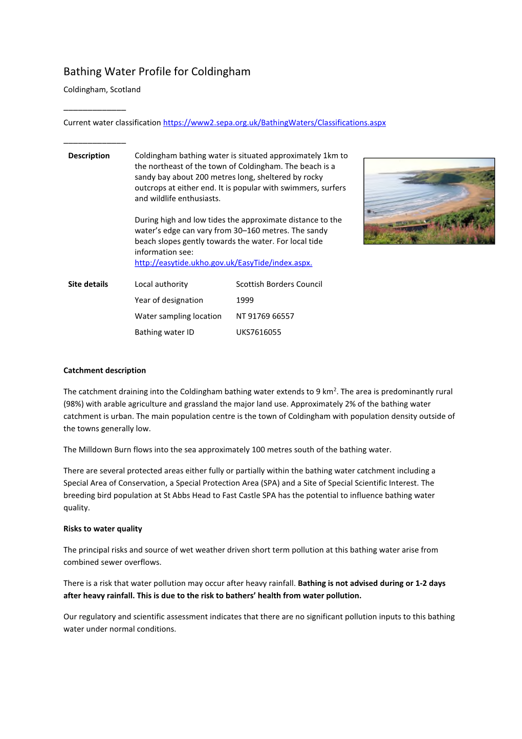 Bathing Water Profile for Coldingham