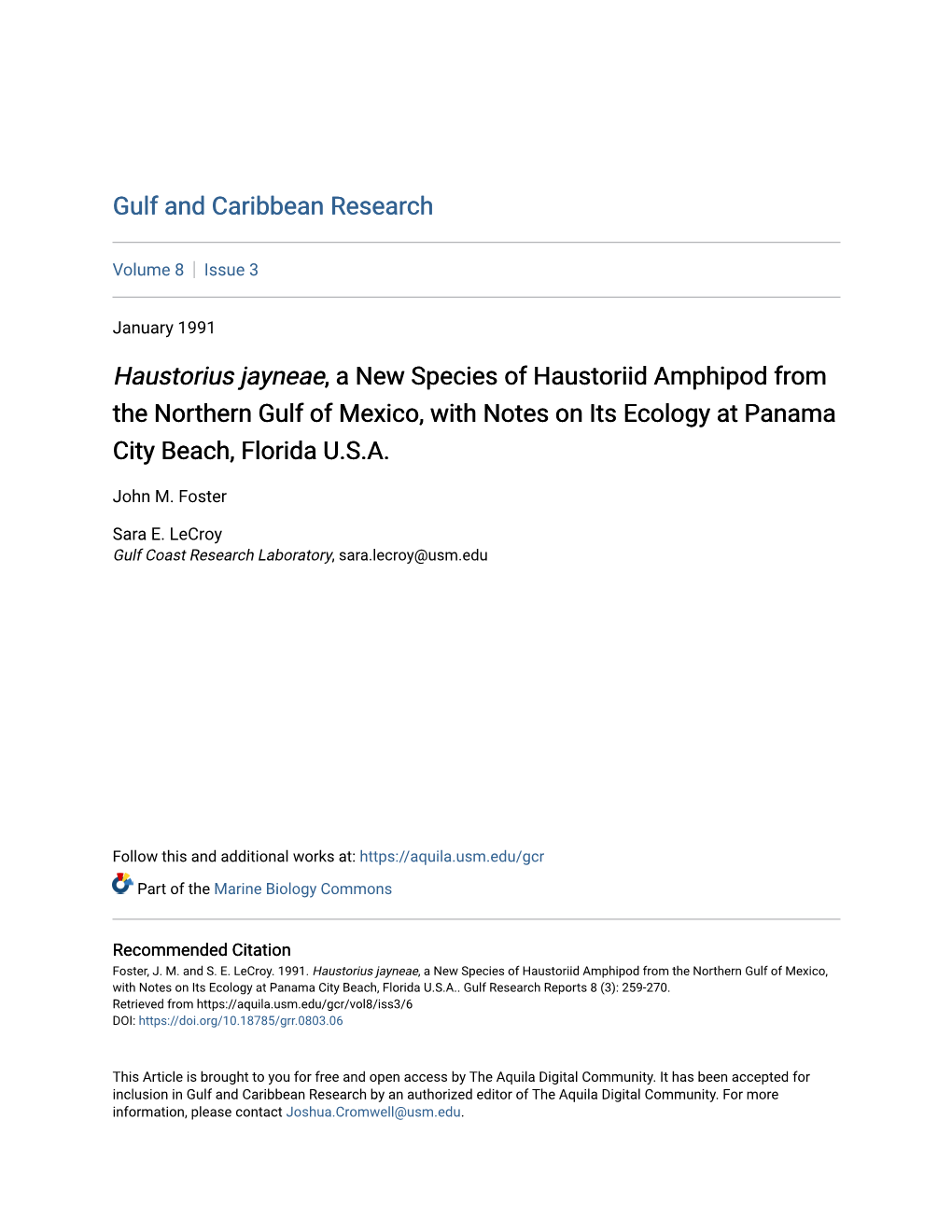 Haustorius Jayneae, a New Species of Haustoriid Amphipod from the Northern Gulf of Mexico, with Notes on Its Ecology at Panama City Beach, Florida U.S.A