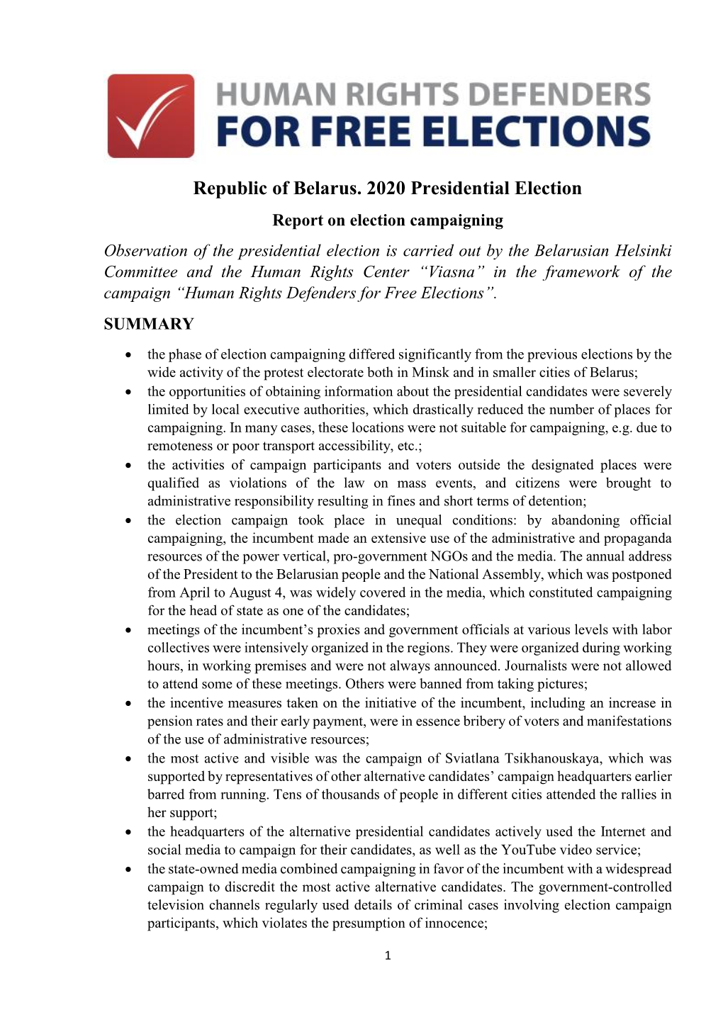 Republic of Belarus. 2020 Presidential Election. Report on Election