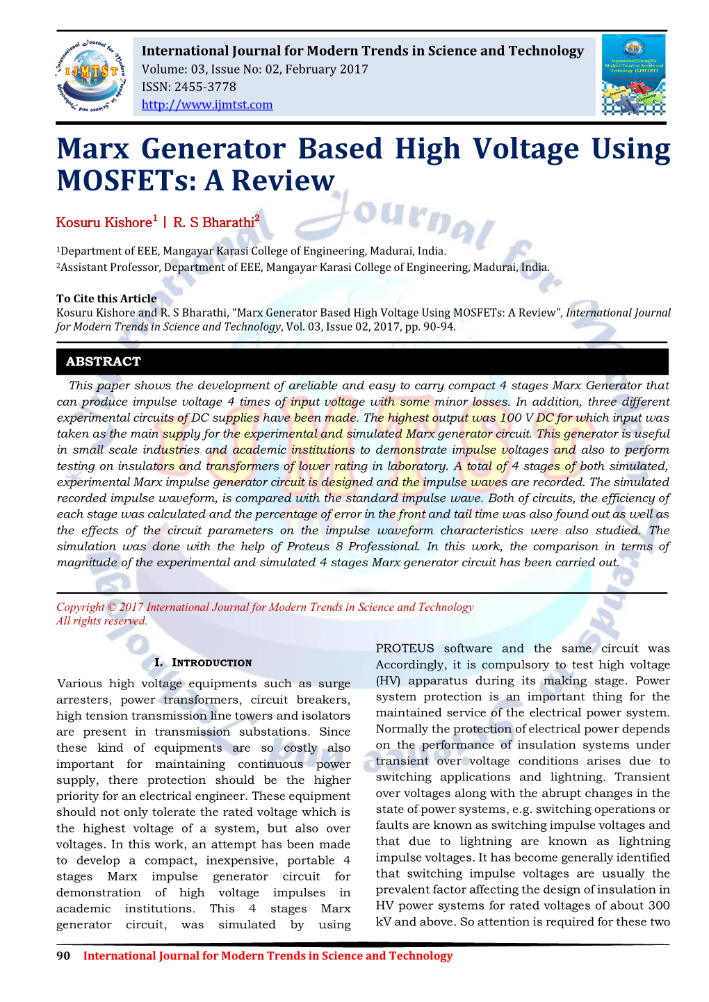 Marx Generator Based High Voltage Using Mosfets: a Review