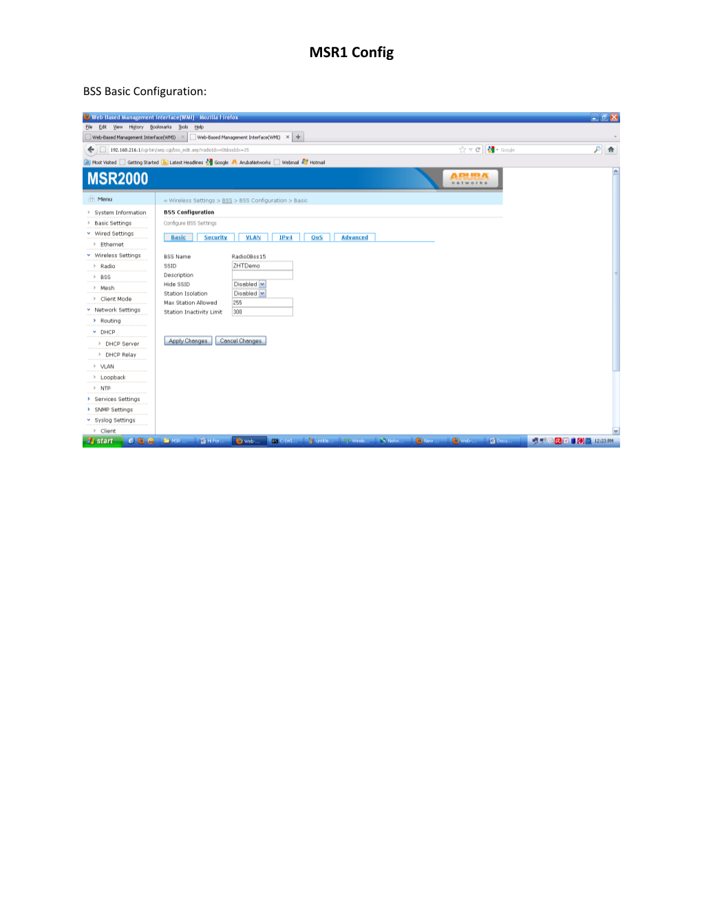 BSS VLAN Configuration: (Remaining Tabs Set to Default)