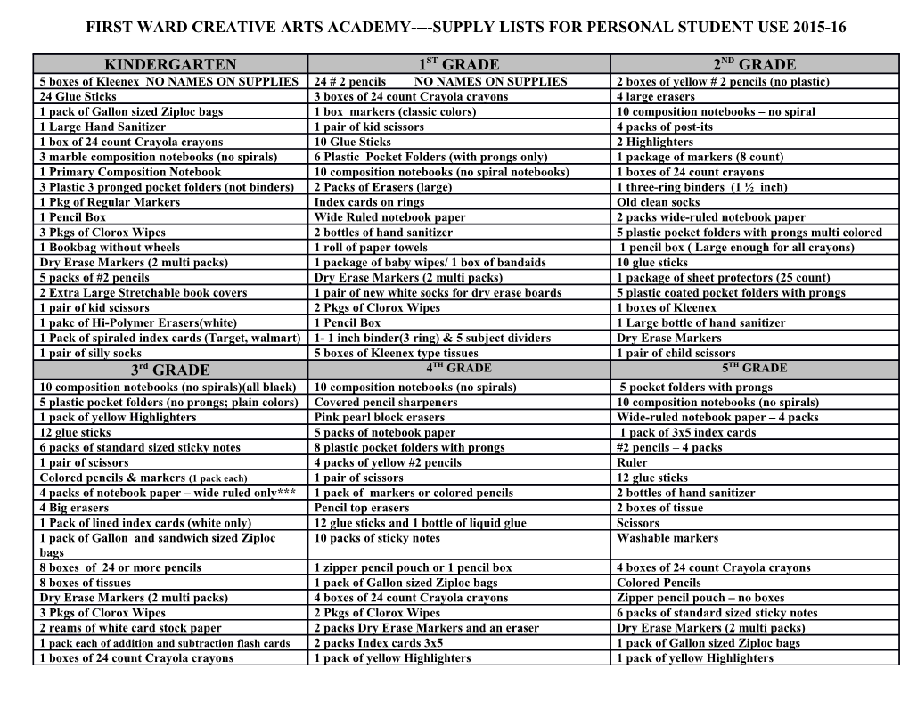 Fwcaa Grade Level Supply Lists