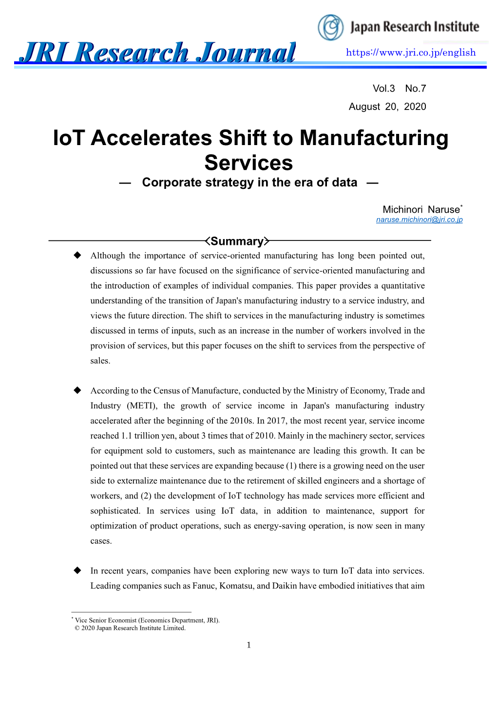 Iot Accelerates Shift to Manufacturing Services-Corporate Strategy in the Era of Data