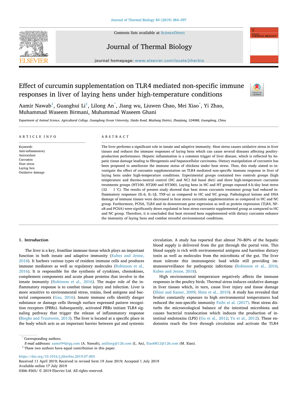 Effect of Curcumin Supplementation on TLR4 Mediated Non-Specific