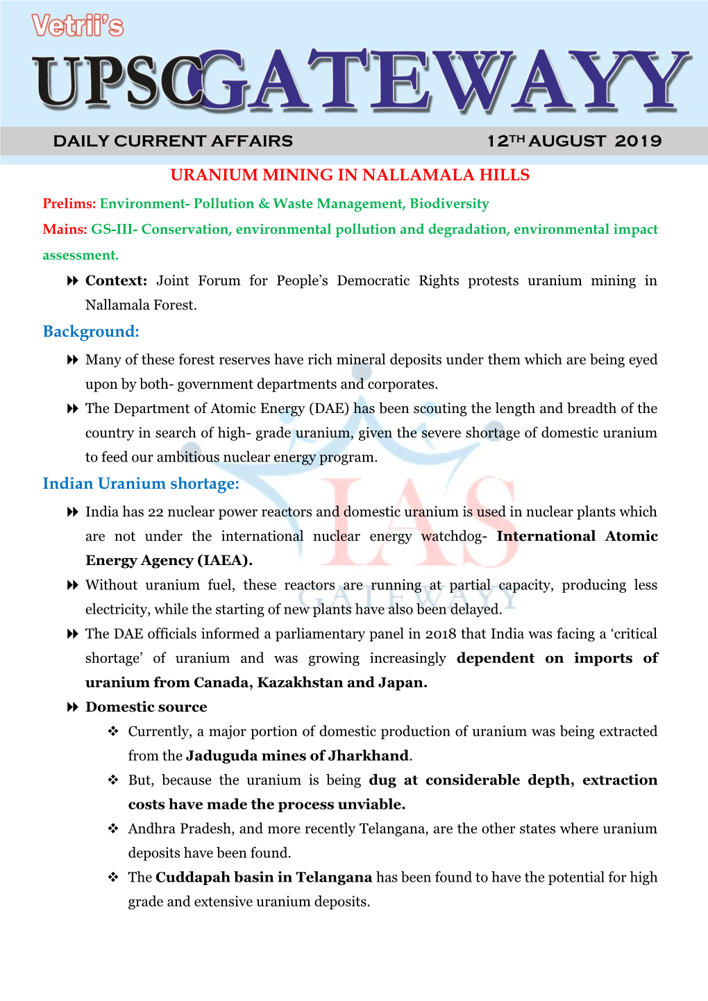 Daily Current Affairs 12Th August 2019