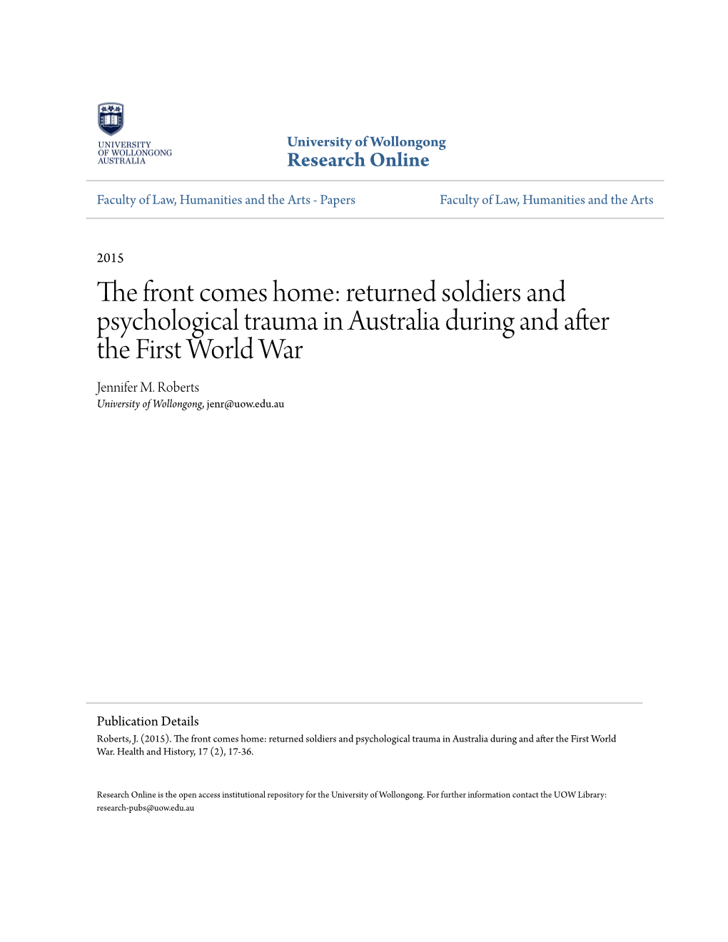 Returned Soldiers and Psychological Trauma in Australia During and After the First World War Jennifer M