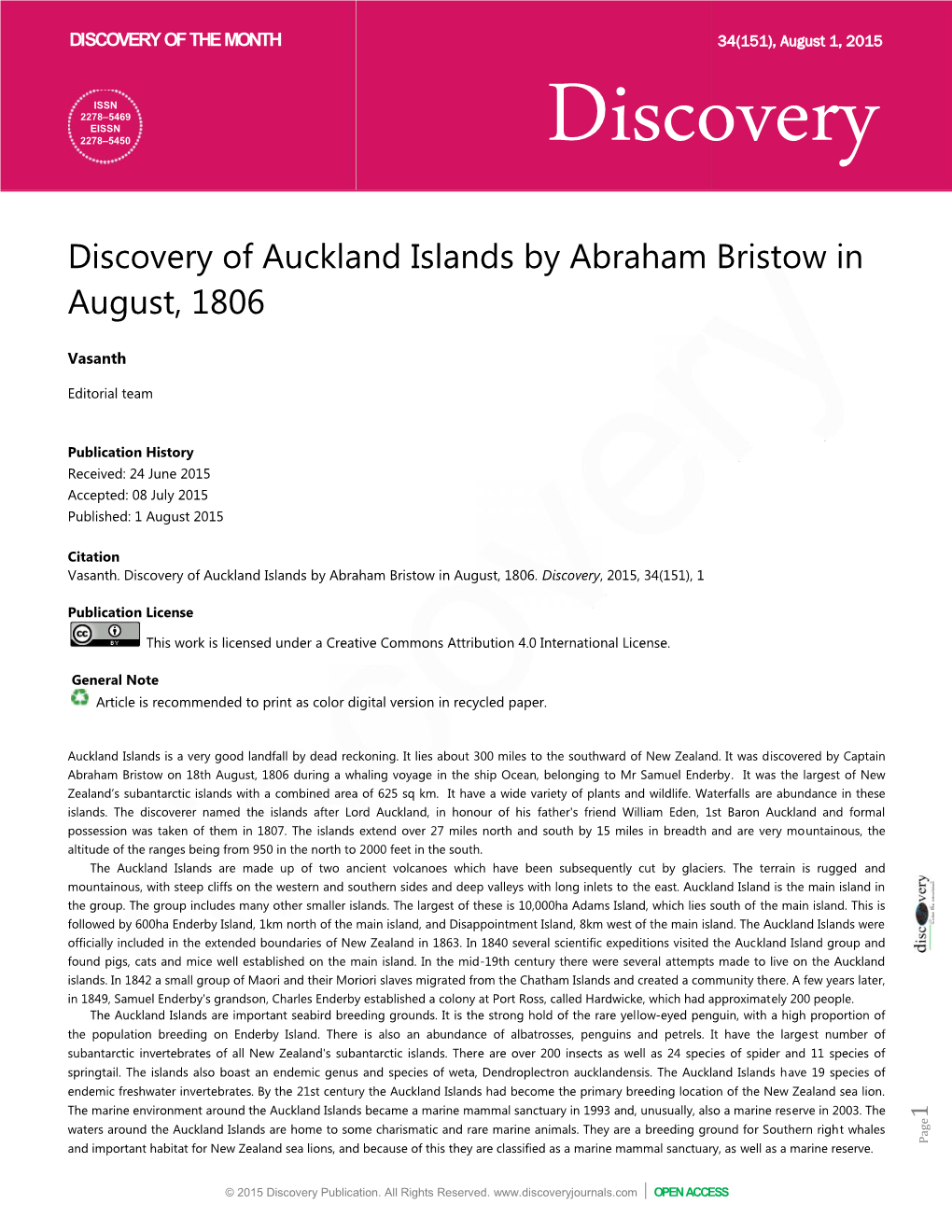 Discovery of Auckland Islands B August, 1806 Ry of Auckland Islands