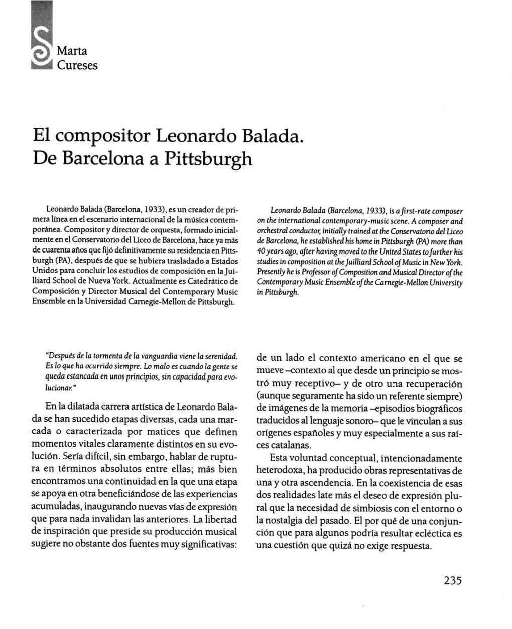 El Compositor Leonardo Balada. De Barcelona a Pittsburgh