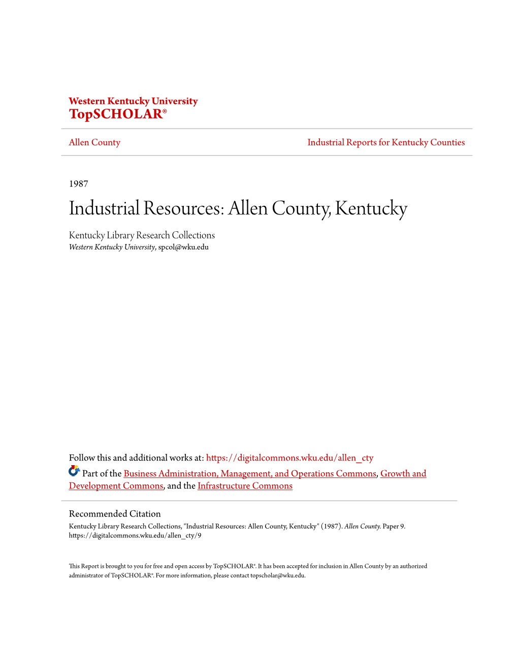 Industrial Resources: Allen County, Kentucky Kentucky Library Research Collections Western Kentucky University, Spcol@Wku.Edu