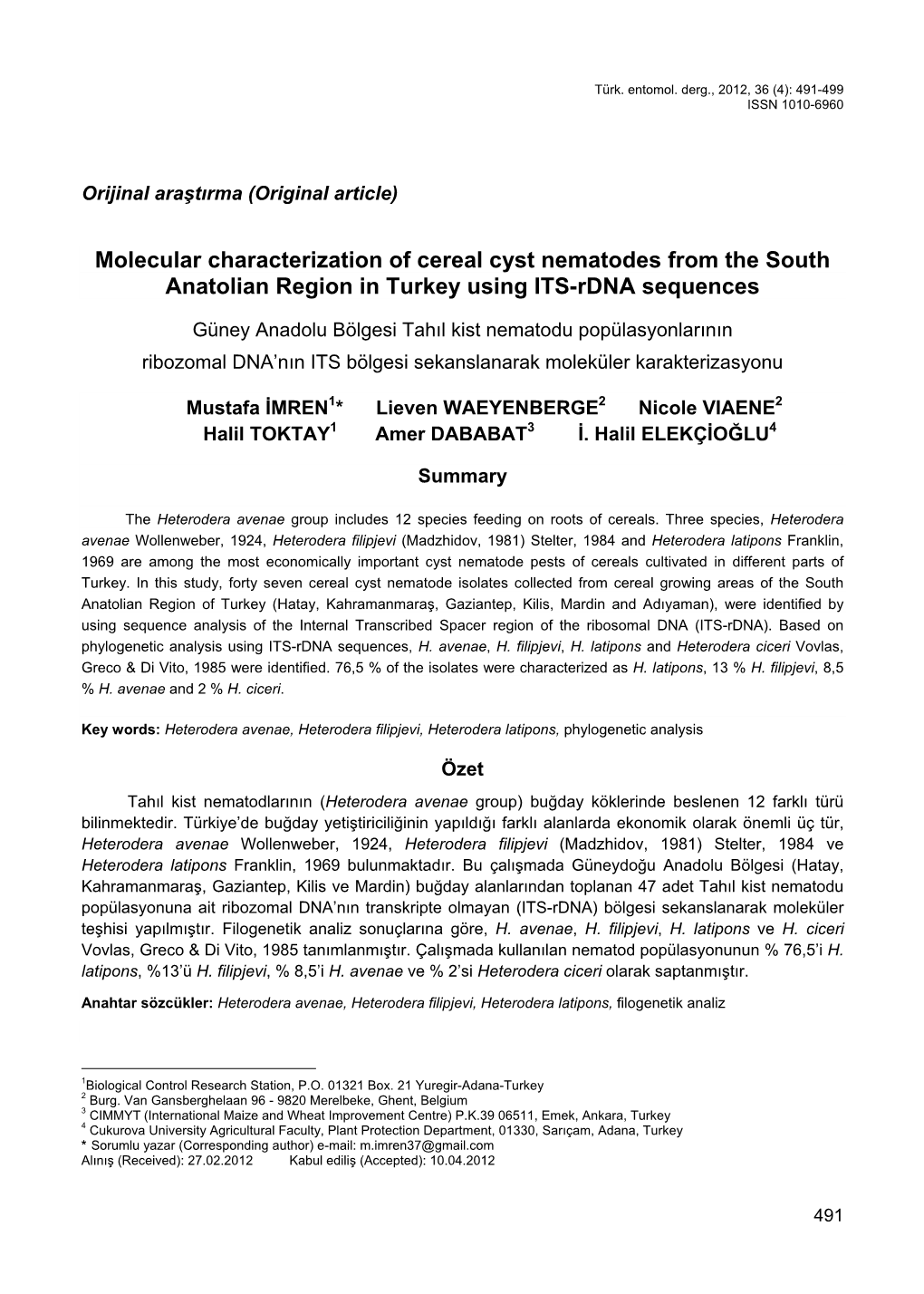 Molecular Characterization of Cereal Cyst Nematodes from the South Anatolian Region in Turkey Using ITS-Rdna Sequences