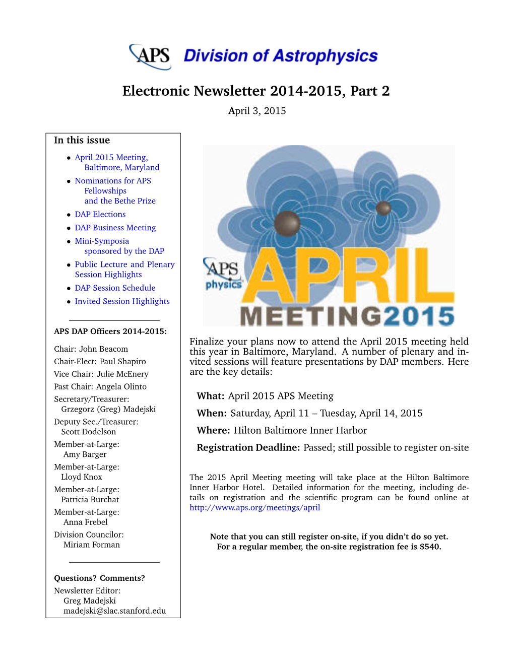 Electronic Newsletter 2014-2015, Part 2 April 3, 2015