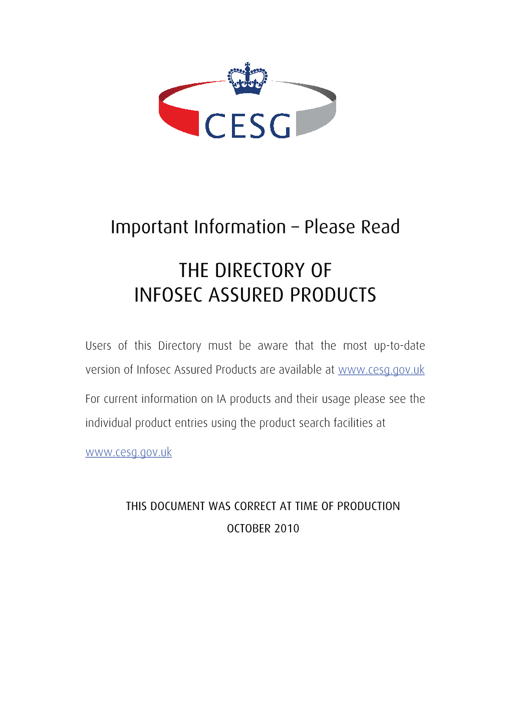 CESG Directory of INFOSEC Assured Products