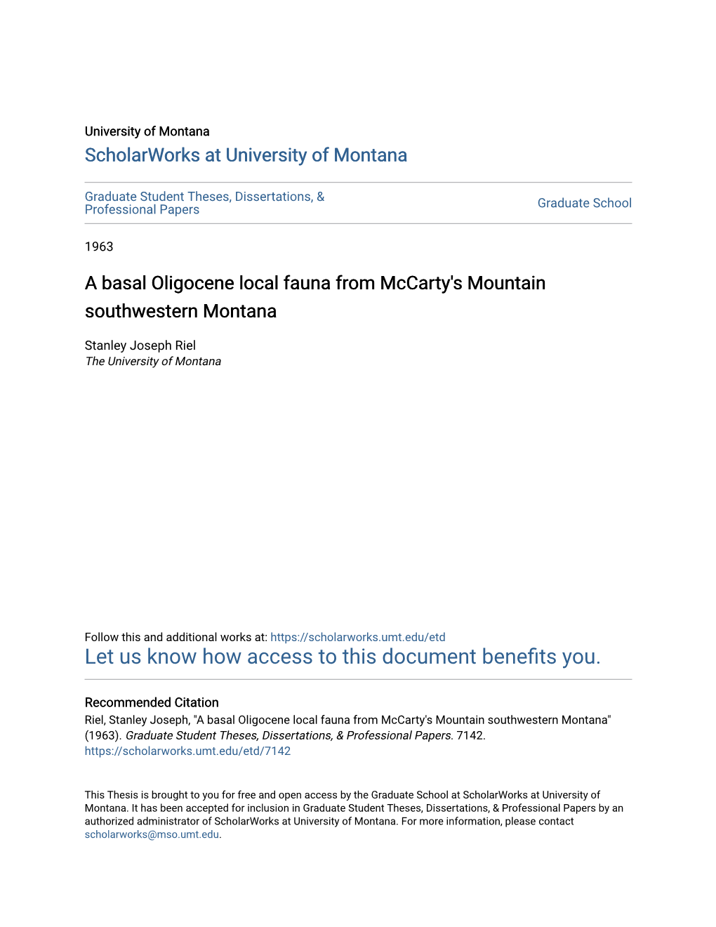 A Basal Oligocene Local Fauna from Mccarty's Mountain Southwestern Montana