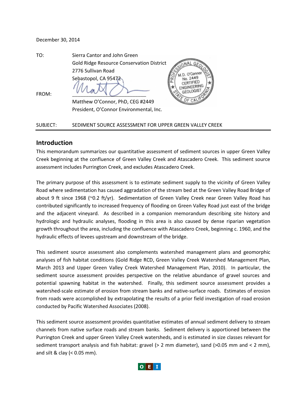 Sediment Source Assessment for Upper Green Valley Creek, 2014