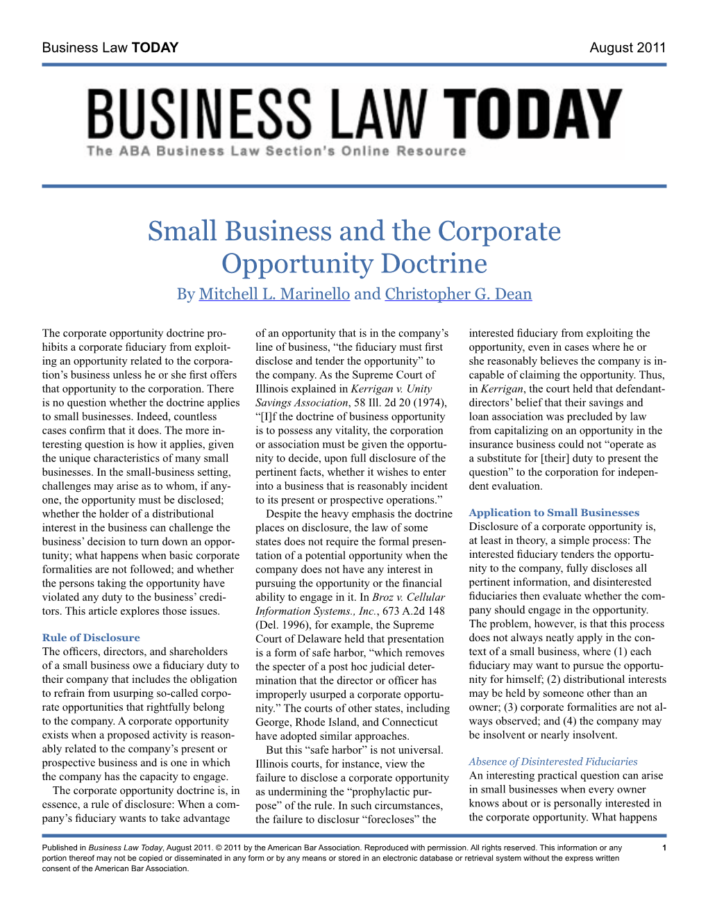 Small Business and the Corporate Opportunity Doctrine by Mitchell L