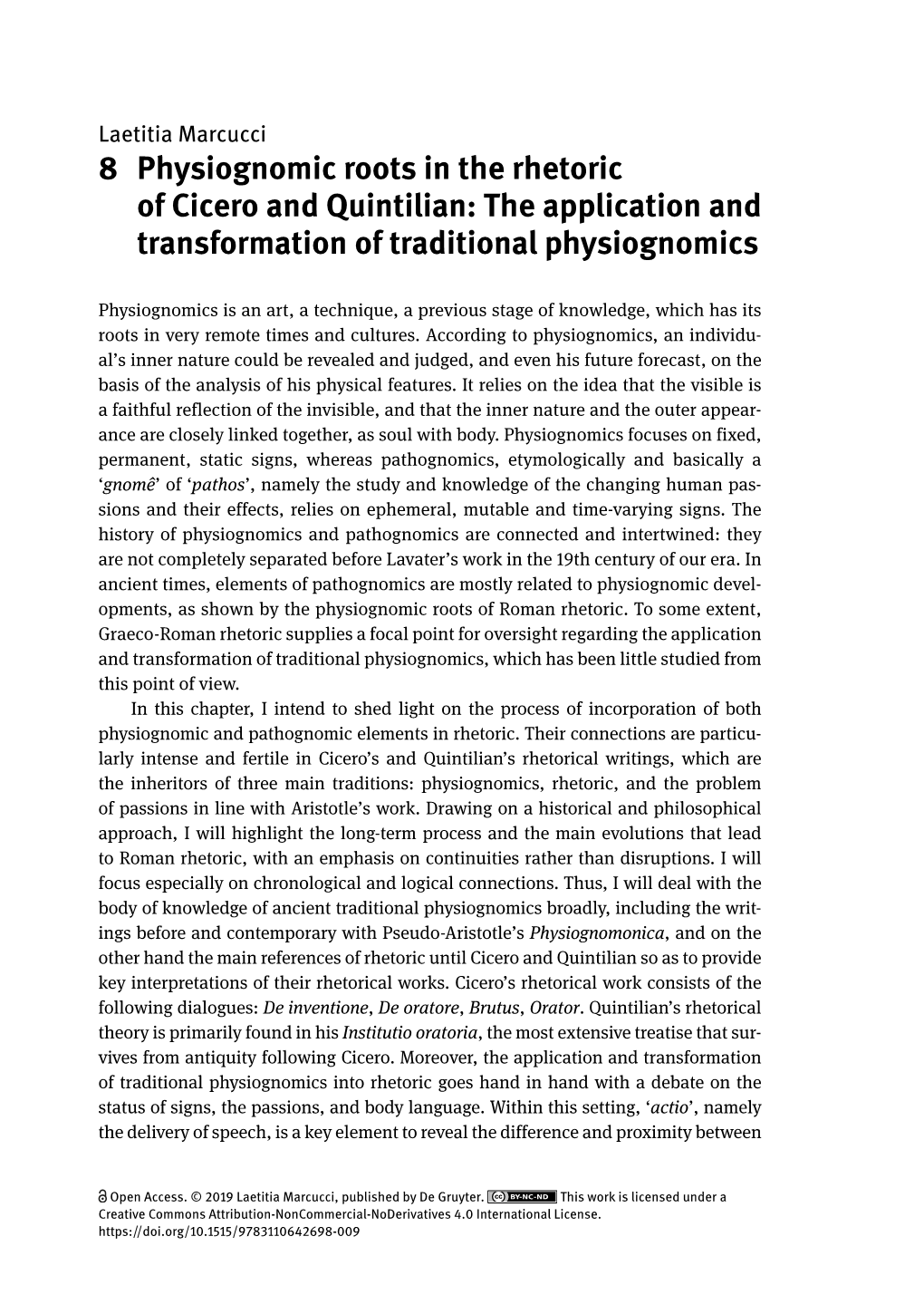 8 Physiognomic Roots in the Rhetoric of Cicero and Quintilian: the Application and Transformation of Traditional Physiognomics