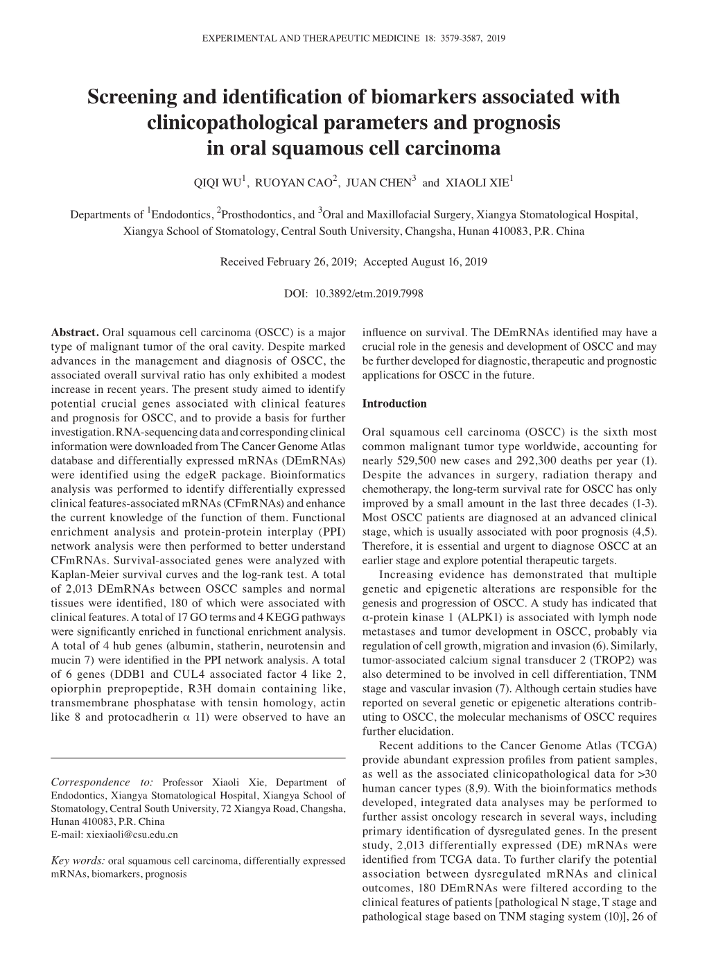 Screening and Identification of Biomarkers Associated with Clinicopathological Parameters and Prognosis in Oral Squamous Cell Carcinoma