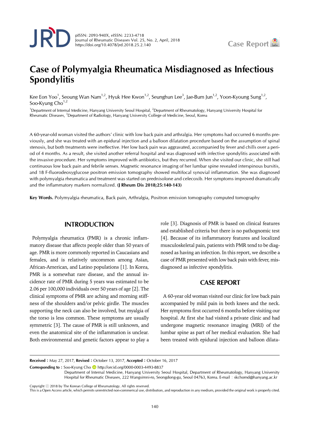 Case of Polymyalgia Rheumatica Misdiagnosed As Infectious Spondylitis