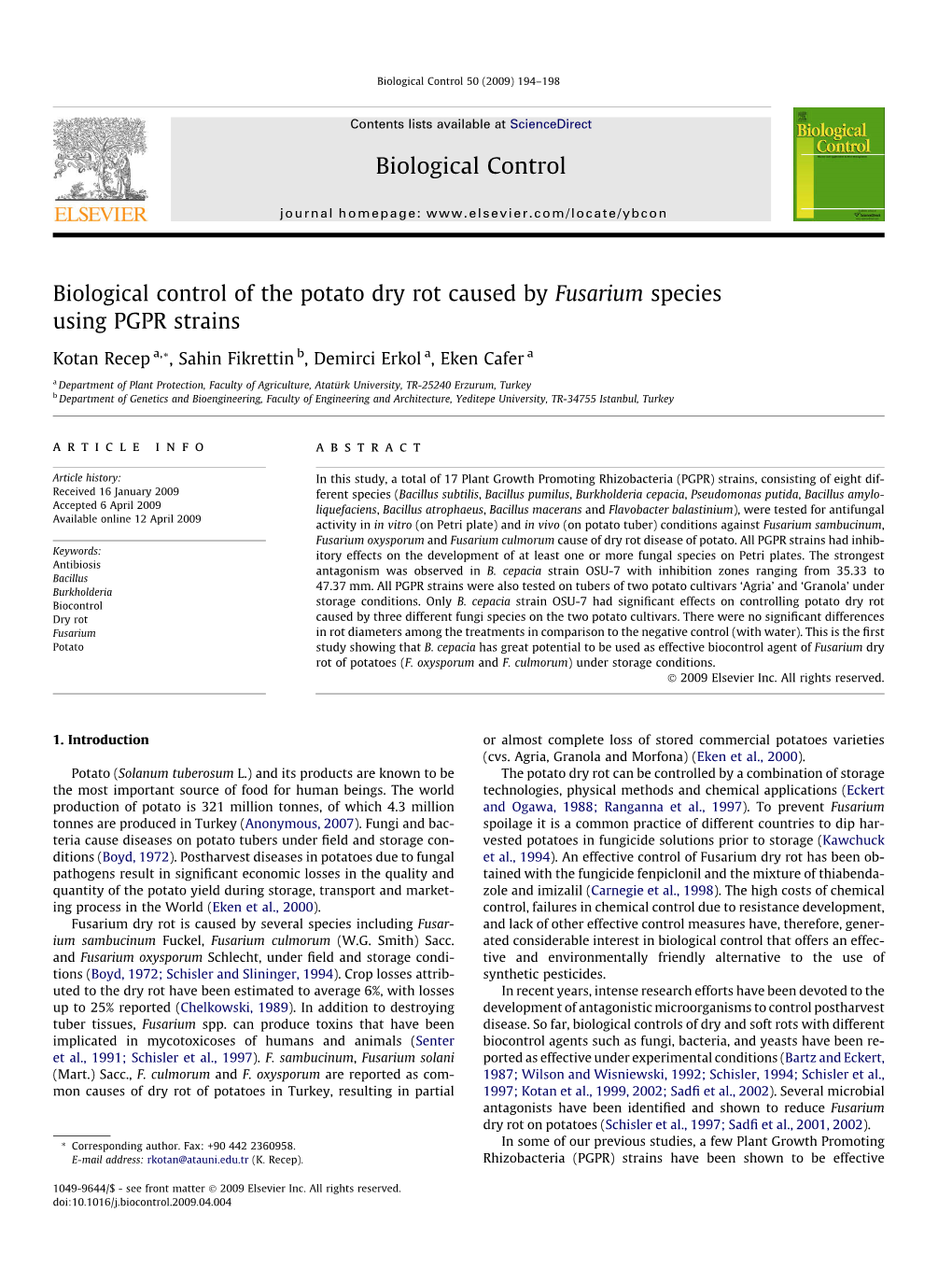 Biological Control of the Potato Dry Rot Caused by Fusarium Species Using PGPR Strains