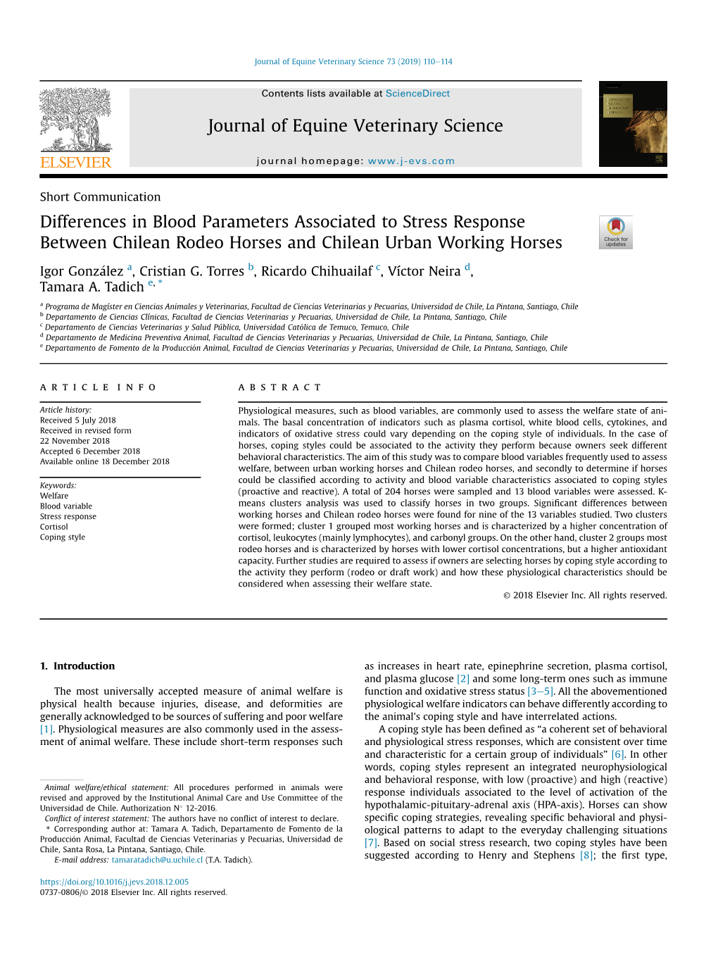 Differences in Blood Parameters Associated to Stress Response Between Chilean Rodeo Horses and Chilean Urban Working Horses